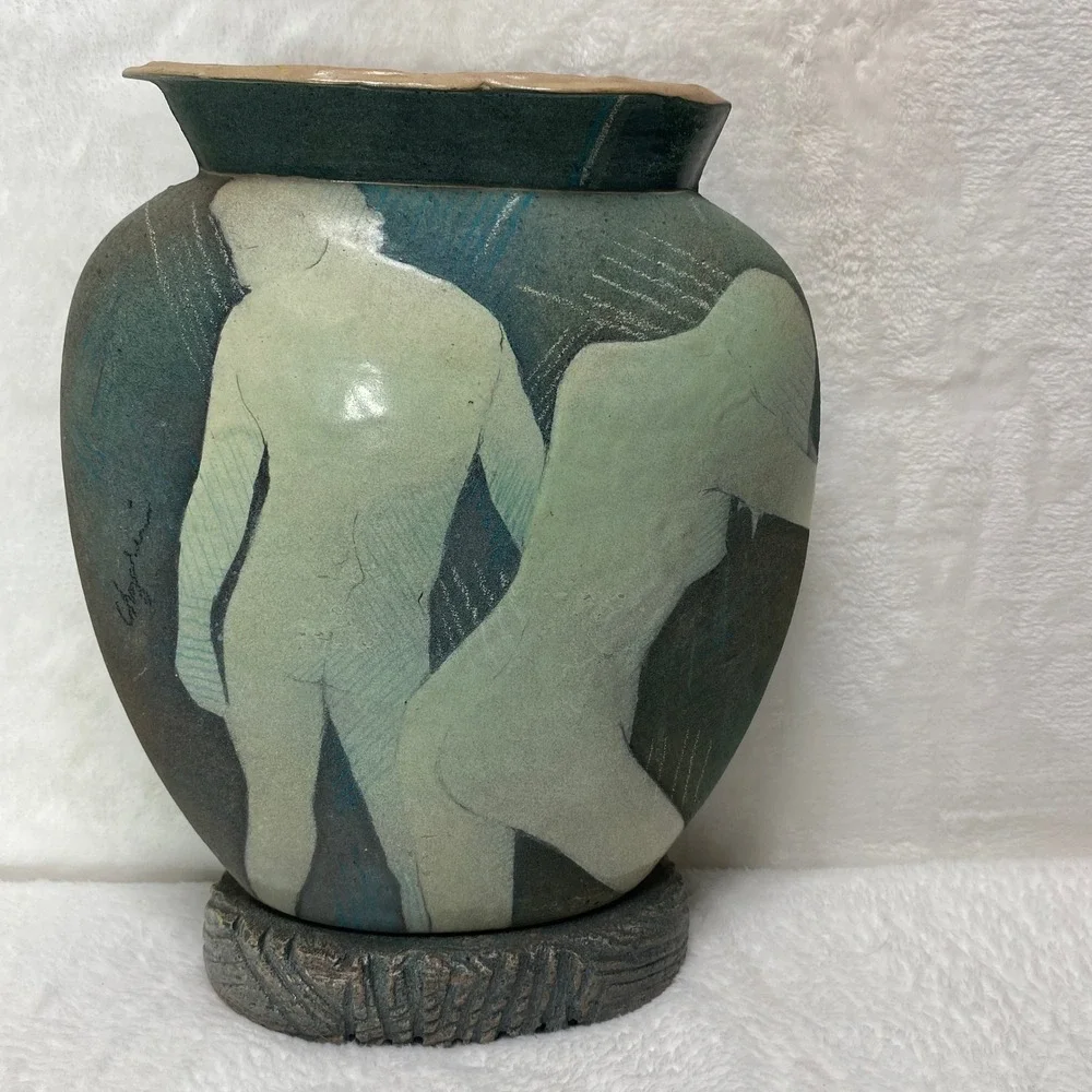 Unique Pottery Ceramic Signed Vase Abstract Design‎ Nude Couple Textured Base